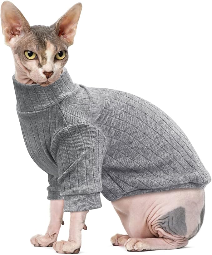 Idepet Sphynx Hairless Cats Sweater Shirt Kitten Soft Puppy Clothes Pullover Cute Cat Pajamas Jumpsuit Cotton Apparel Pet Winter Turtleneck for Cats and Teacup Chihuahua Small Dogs(Gray,M)