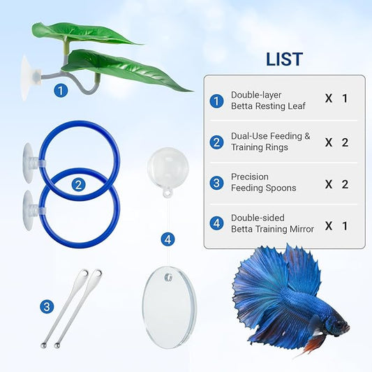 Betta Fish Toy Set: Betta Training Floating Mirror, Training/Feeding Ring, Spoon, and Resting Leaf. Promotes Exercise. Betta Toys, Resting & Feeding Kit.