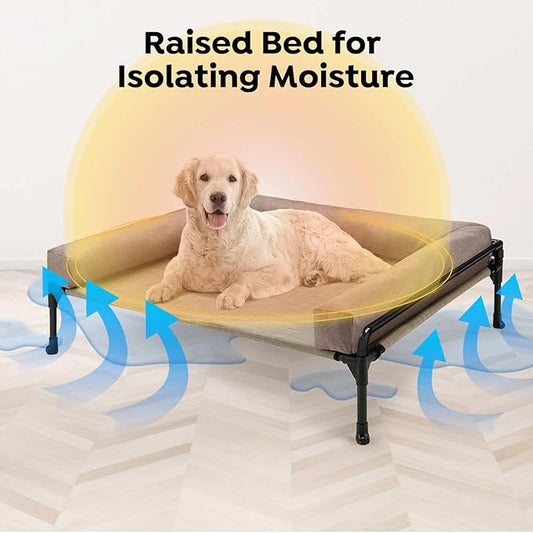 Veehoo Elevated Raised Dog Bed-Cooling Outdoor Dog Cot Bed for Large Sized Dogs Three-Sided Fence Raised Pet Cot with Mesh & No-Slip Feet Dog Hammock Bed with Removable Bolster-41 x 27" Beige Coffee