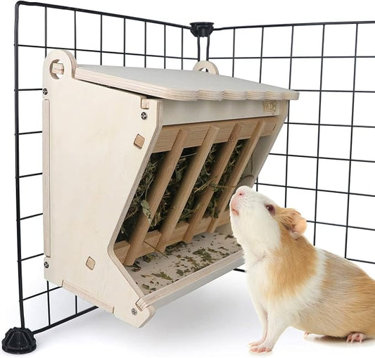 Pet Wooden Hay Feeder for Rabbits, Guinea Pigs, and Chinchillas | Alfalfa Timothy Hay Dispenser, Less Wasted Small Animals Hay Manger (Hanging Large)