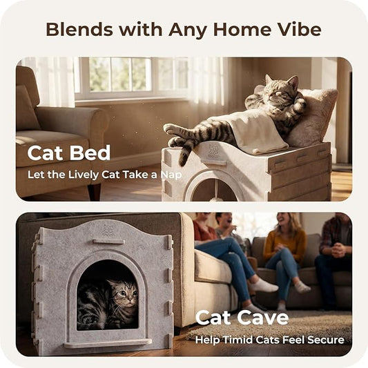 Cat Bed Cave for Indoor Cats: New Felt Cat Bed with Fluffy Ball Hanging, Foldable Cat House with Scratch-Resistant Board, Hideaway Cat Cave for Timid Cats, Sturdy Two-Tier Cat Condo - Gray