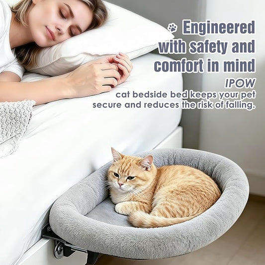 IPOW Heavy Duty Steel Frame 180°Rotating Cat Bedside Bed Semi-Circular Cat Bed for Bedside, Soft Faux Rabbit Fur Material, Suitable for Various Desktops-Maximum Hold Up to 40lb