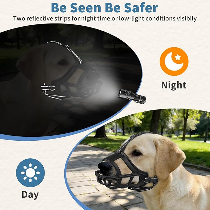 BARKLESS Dog Basket Muzzle for Medium & Large Dogs, Humane Cage Muzzle Prevent Biting Scavenging, Breathable Open Front Mouth Cover with Reflective Strap for Training, Walking Vet Visits (Black, XL)