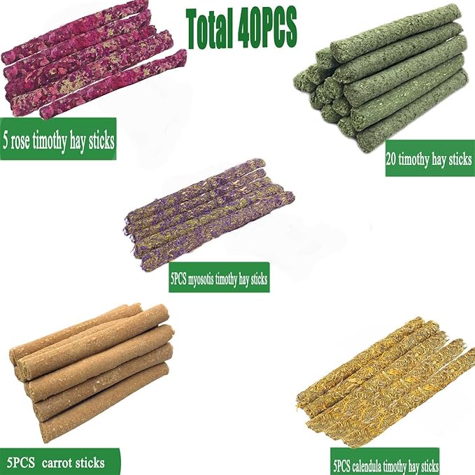 ANDES Rabbit Chew Toys 40pcs Timothy Hay Sticks About 14oz/400g Hamster Molar Snacks Handmade are Perfect Food Accessories for Bunny Guinea Pigs Rats Chinchillas Gerbils