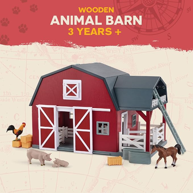 Terra by Battat – 20 Pieces Wooden Animal Barn Toy Set – Farm Animals & Play Fence – Pretend Play for Toddlers & 3+ Years – Educational Toys – Farmhouse Playset