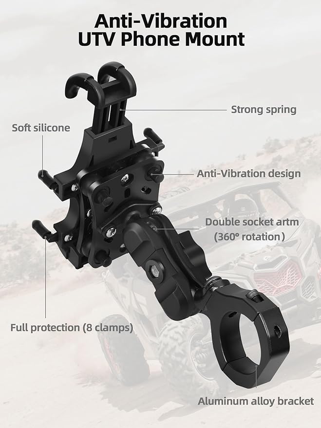 ZIDIYORUO Anti-Vibration UTV Phone Mount Heavy Duty, Full Protection SXS Phone Holder with Aluminum Bracket Fit for 1.75-2" Roll Cage, Adjustable UTV Cell Phone Holder Holds 4.7-7.1" Phones