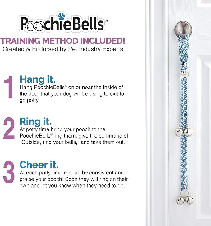 PoochieBells Dog Door Bells for Potty Training, Quick & Easy Puppy Potty Training Method Included, Handcrafted in USA with Loud, Paw-Safe Bells, Durable Cotton Webbing - Black
