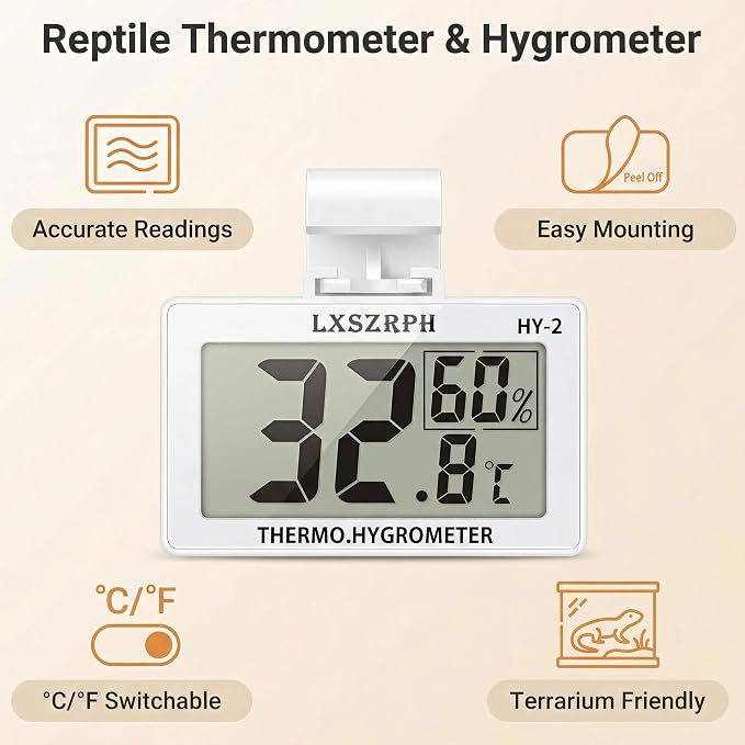 Reptile Hygrometer Thermometer, Digital Amphibian Hygrometer Thermometer with Hook, Temperature Humidity Meter Gauge for Reptile Tanks, Terrariums, Vivarium, LCD Display (2 Packs)