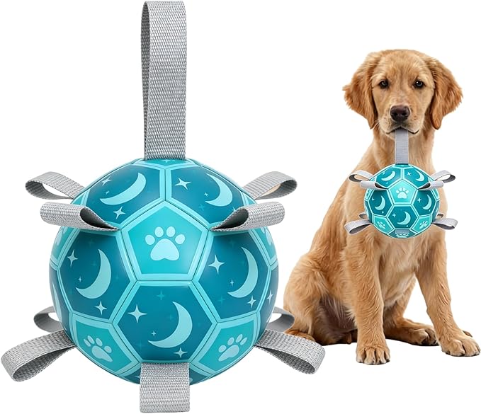 Dog Toys Balls, Dog Soccer Ball with Straps, Dog Birthday Gifts, Durable Balls for Small Medium Pet, Puppy Outdoor Toy, Pet Training Soccer Ball, World Cup Soccer (6 Inch) (Blue, Medium)