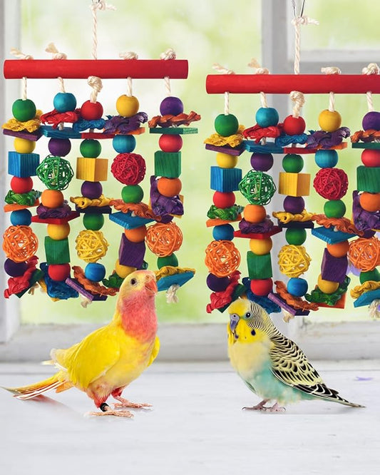 DBNESS Bird Toys, 2PCS Parrot Foraging Hanging Toy, Multicolored Natural Wooden Blocks Parakeet Chewing Toys mit Rattan Wicker Balls, for Medium Small Cockatoos Budgie Lovebird Cockatiel Conure