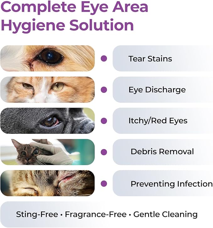 Dog and Cat Eye Wash Cleaner Eye Drops for Dogs and Cats to Flush and Soothe Eye Irritations, Dog Tear Stain Cleaner, Safe for All Animals. 3.38 Ounces