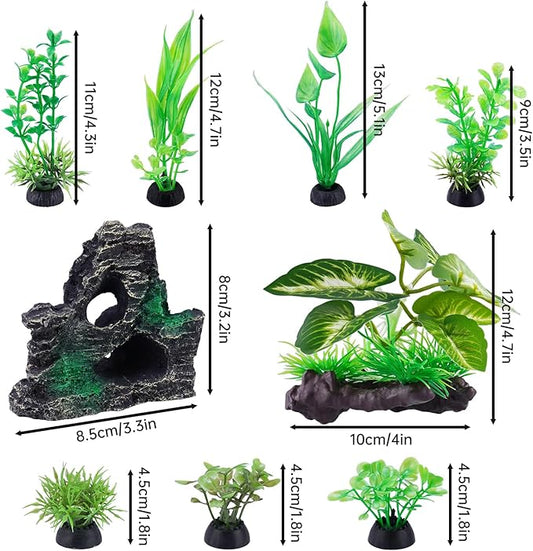 NiHome 9PCS Realistic Aquarium Artificial Plant Decoration Set, Weighted Base Driftwood, Rock Mountain & Aquatic Plants, Non-Fading Aquascape Greenery Ornaments for Freshwater or Saltwater Fish Tanks