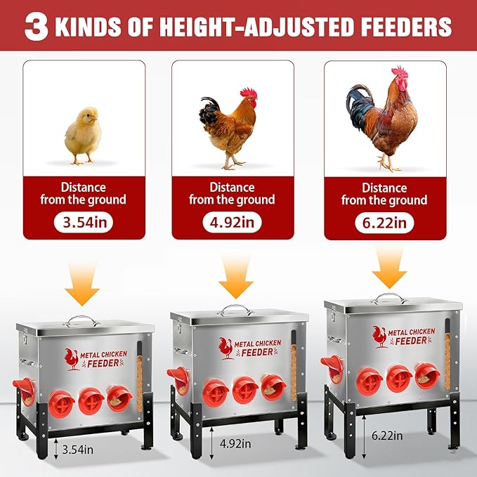 Automatic Chicken Feeder 50 LB Large Capacity with Window 9 Feeding Ports & Buckle Lock Lid and Adjustable Height Stand Chicken Feeder for Chickens Geese Ducks & Poultry(Silver)