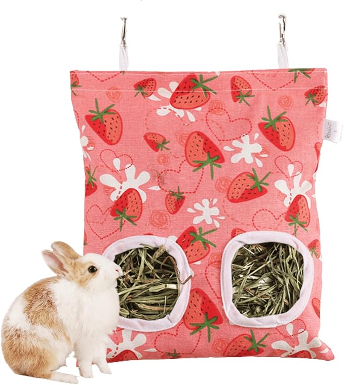 Rabbit Hay Feeder Bag for Cage Guinea Pig Timothy Hay Dispenser Storage Manger Hanging Large Less Waste for Bunny Guinea Pig Chinchilla (Love Strawberry,Small)