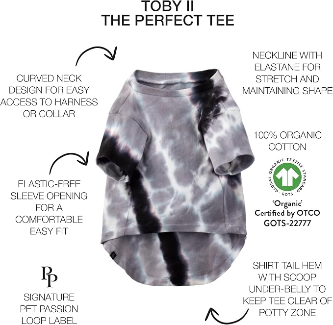 Pet Passion Toby II - The Perfect Tee, 3 Pack Short Sleeve Pet T-Shirt 100% Organic Cotton Tees Clothes for Small, Medium, Large Dogs, Black Sand Tie Dye, Medium (20-45 lbs)