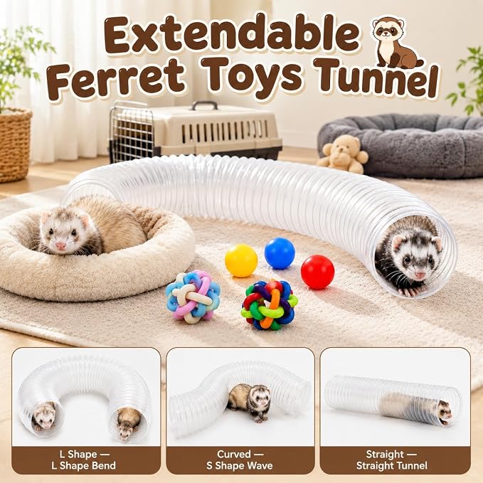 Ferret Tunnel Toy Ball Set with 2 Collapsible Tunnels for Small Pets | Polyester, for ferrets, guinea pigs & hamsters, includes 2 bell balls & 3 foam balls, lightweight, foldable
