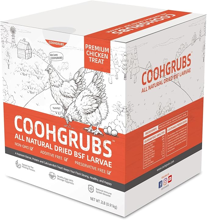COOHGRUBS Black Soldier Fly Larvae for Chickens – 100% Natural Non-GMO Grubs, 85X More Calcium Than Dried Mealworms – Clean, Nutritious & Delicious High-Protein Poultry & Bird Treats, 2-lb Box