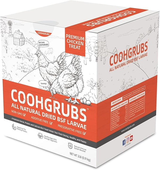 COOHGRUBS Black Soldier Fly Larvae for Chickens – 100% Natural Non-GMO Grubs, 85X More Calcium Than Dried Mealworms – Clean, Nutritious & Delicious High-Protein Poultry & Bird Treats, 2-lb Box