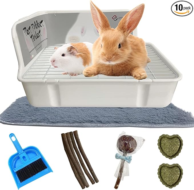 Rabbit Litter Box for Cage Corner Bunny Toilet Small Animal Potty Training with Dustpan Broom Chew Toys for Chinchilla Ferret Hedgehog Gerbil (10 Pcs)