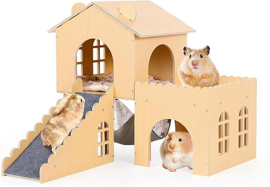 Guinea Pig Hideout with Hammock & Ramp – Multi-Level Wooden Small Animal House for Hamsters, Rabbits, Chinchillas | Easy Assembly Guinea Pig Cages