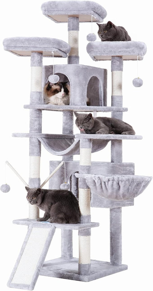 Hey-brother Cat Tree, 71 inches XL Large Cat Tower for Indoor Cats, Multi-Level Cat House with 3 Padded Perches, Big Scratcher, Cozy Basket, 2 Cat Condos and Scratching Posts, Light Gray MPJ034W