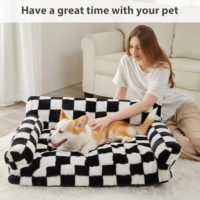 BFPETHOME Large Dog Couch Bed, Cute Pet Sofa with Non-Slip Bottom, Checkered Dog Bed with Washable Cover, XL Pet Couch (Black&White)