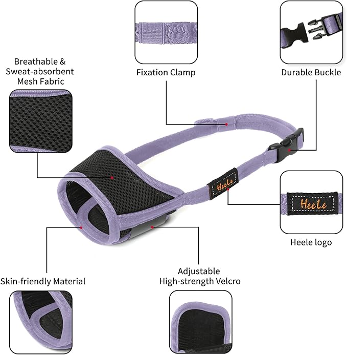HEELE Dog Muzzle,Soft Nylon Muzzle Anti Biting Barking Chewing,Air Mesh Breathable Drinkable Adjustable Loop Pets Muzzle for Small Medium Large Dogs (Purple, S)