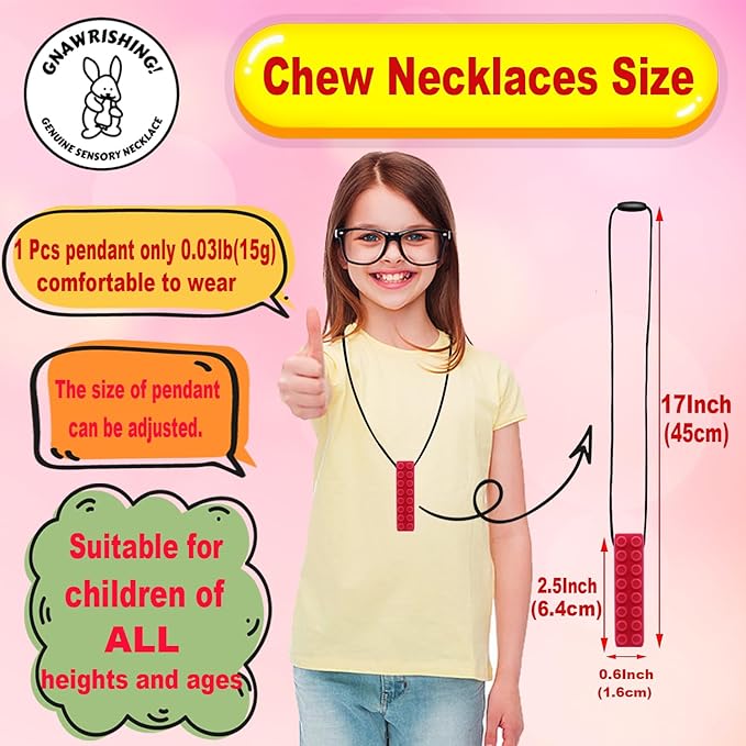 Chew Necklace by GNAWRISHING - 8-Pack (Building Block)- for Autistic, ADHD, SPD, Oral Motor Children, Kids (Tough, Long-Lasting)