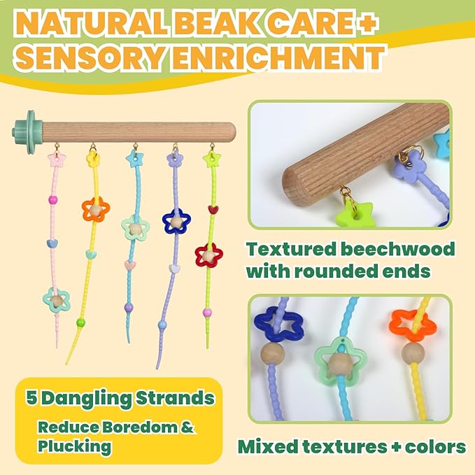 Natural Wood Bird Perch with Chewing Toy - Hanging Rainbow Strips, Beads & Charms for Parakeets Cockatiels Conures Cage Accessories