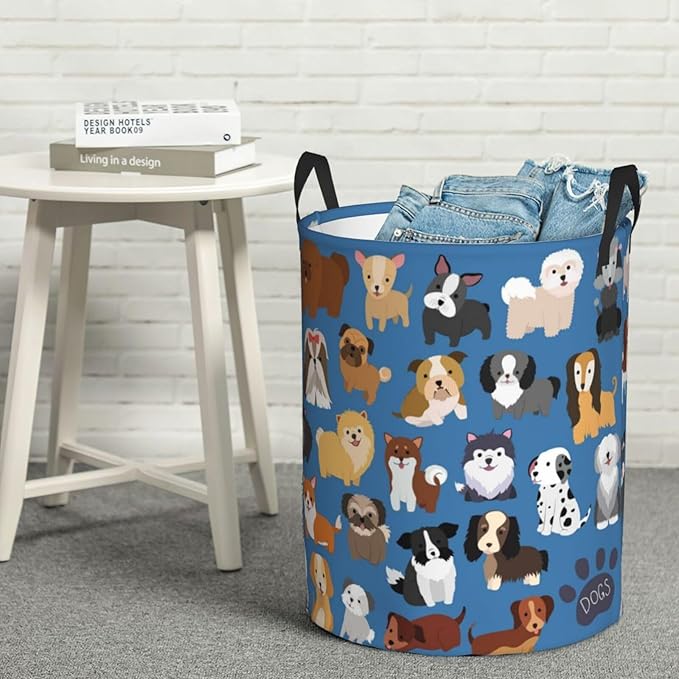 Cute Dogs Blue Round Laundry Hamper Storage Basket Toys Clothes Organizer Bin For Home Bathroom Bedroom Dorm Nursery, 38l