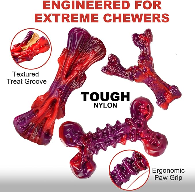 Kseroo Indestructible Dog Toys for Aggressive Chewers: 3-Pack Beef Flavored Hard Nylon Dog Chew Toys for Medium & Large Dogs(25-90lbs), Tough Super Chewer Dog Bones Toys to Keep Them Busy, Red
