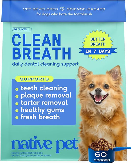 Native Pet GutWell Clean Breath - Dog Breath Freshener & Dog Teeth Cleaning Powder Cold-Pressed to Reduce Plaque, Tartar & Promote Oral Health with Triple-Biotic Blend, Brown Algae & Zinc - 60 Scoops