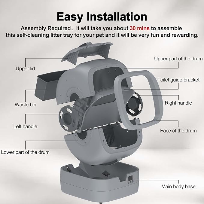 UPFAS Automatic Cat Litter Box Self Cleaning - APP Control - Weight Monitoring - Ultra-Quiet, Medium Cats and Kittens Litter Box, Safe Anti-Pinch【Assembly Required】- Grey