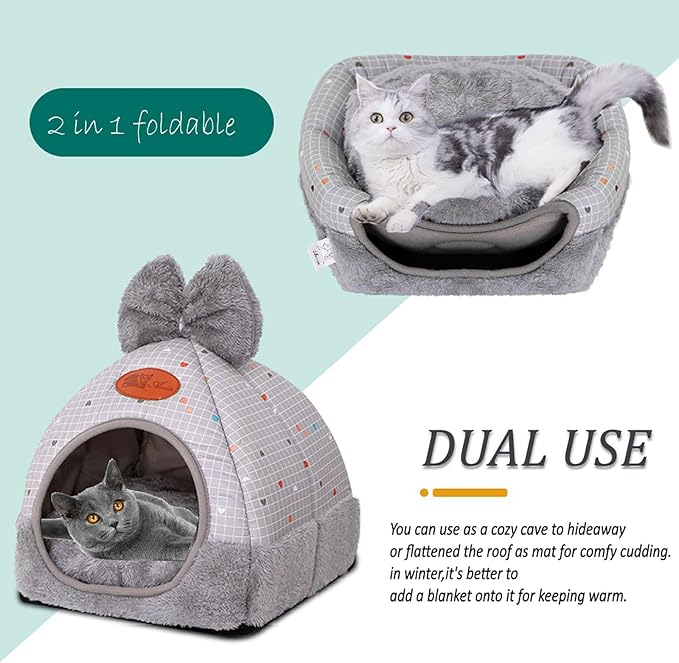 Rabbit Hideouts Bunny Bed Hideout House Cage Accessory for Guinea Pig Chinchilla Hamster Cozy Squirrel Hedgehog and Warm Rabbit Bed with Cute Bowknot Design(Grey)