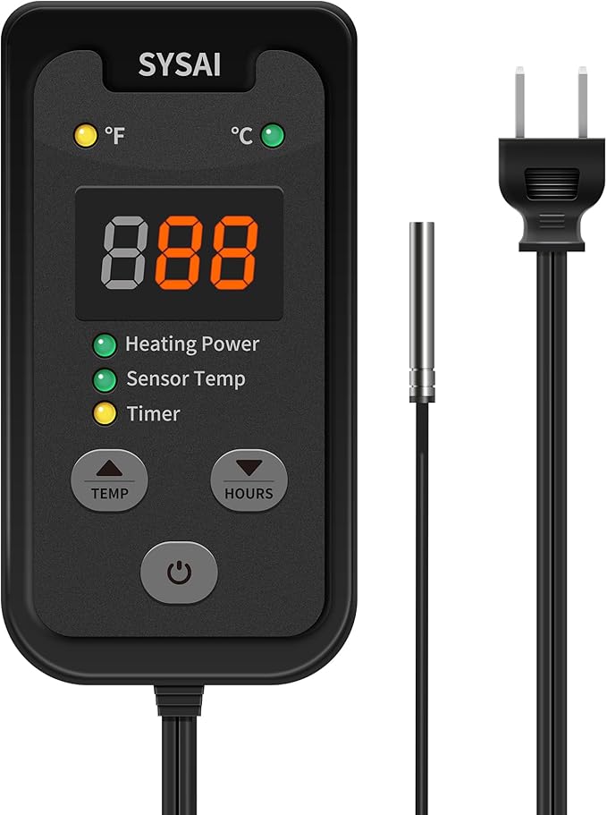SYSAI Digital Thermostat Controller for Reptile Tank & Heat Mat, Seed Germination, Breeding & Home Brewing, 1A 100W, High Accuracy °F/°C Probe, 60-94°F
