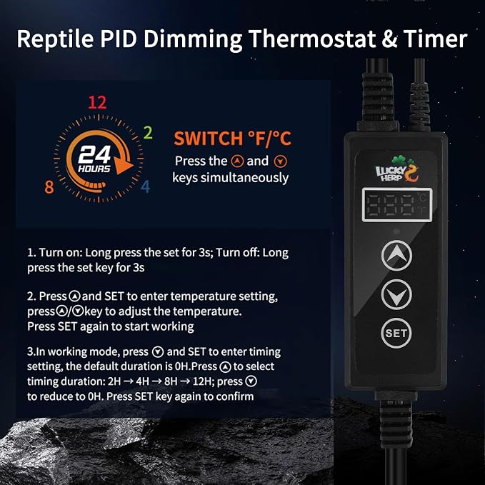 LUCKY HERP Reptile Dimming Thermostat, PID Heat Lamp Temperature Controller with LED Digital Screen for Reptile Heat Lamp Heat Mat & Heaters, Support ℉/℃, Memory Function