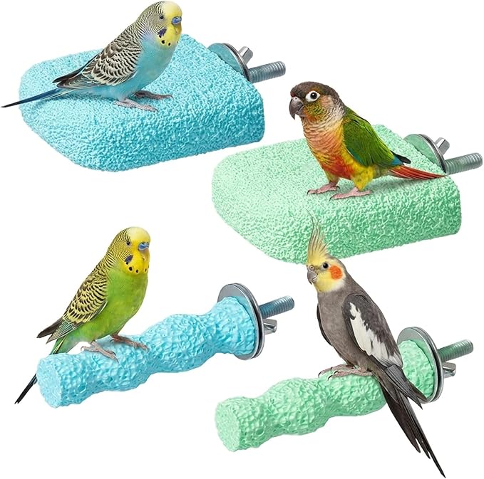 4-Piece Bird Perch Set for Parakeet Cages, Bird Beak Grinding Stone, Natural Volcanic Rock Bir-d Cage Accessories, Durable Bi-rd Perch Toys for Small Birds