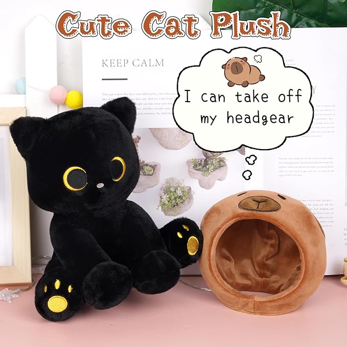 Capybara Plush Stuffed Cat, 8inch Black Cat Plush Wear Capybara Hood, Cute Kitten Plushies Kawaii Huggable Gift for Kids, Boys, Girls, Birthday