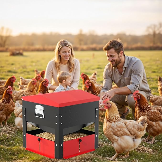 Portable Metal Chicken Feeder, Freestanding Chicken Feeder with Top-Sloped Waterproof Lid, No Waste Gravity Poultry Feeder for Hens and Ducks, 80 lbs Large Capacity