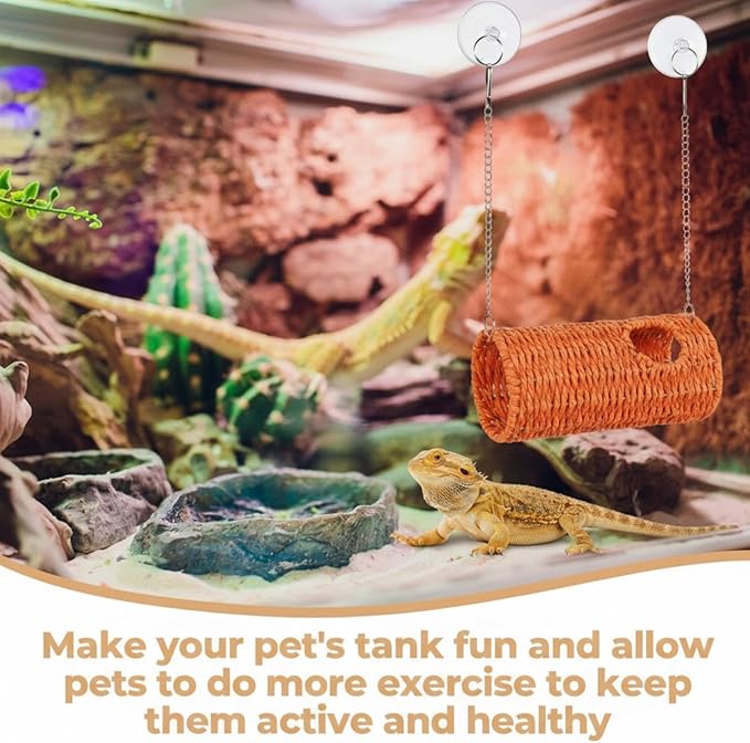 CroBlissful Reptile Hide Cave Hollow Cave Hideout with 2 Pcs Suction Cup and Chain Gecko Hide Reptile Tank Decor Seagrass Fiber Climbing Toy for Lizard Snake Hermit Crab (Long Cylindrical,Orange)