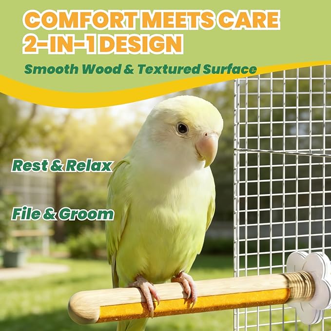 Dual Texture Bird Perch Wood & Sand Grinding Stone Sticks 2-Pack Cage Accessories for Cockatiels Parakeets Lovebirds Conures