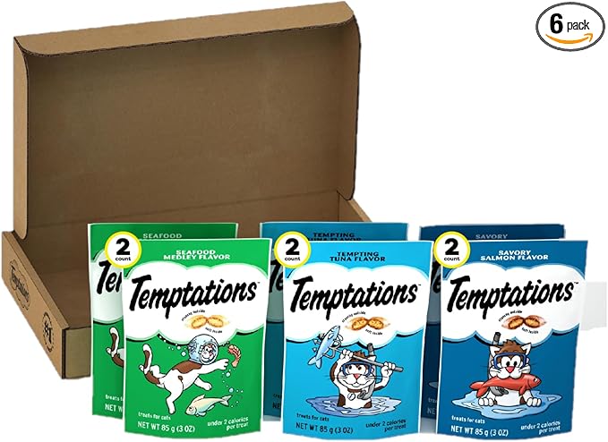 Temptations Cat Treats Classic Crunchy and Soft Seafood Lovers Variety Pack, 3 oz. Pouches (Pack of 6)