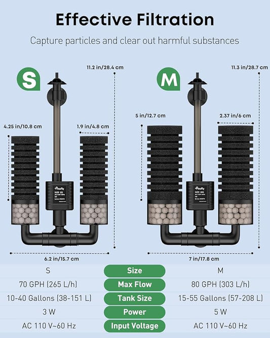Pawfly Aquarium Sponge Filter, 70 GPH Fish Tank Filter, 3 W Submersible Small Aquarium Filter with Water Pump, Double Foams & Ceramic Balls, Quiet Bio Sponge Filter for 10-40 Gallon Tanks