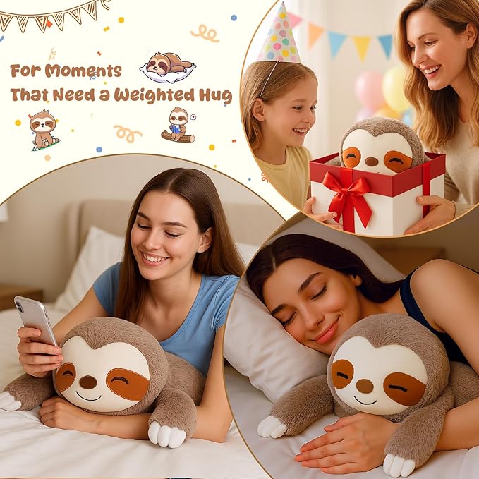 SQEQE Weighted Stuffed Animals Sloth Plush, Weighted Sloth Stuffed Animals Plushies, Soft Pillow Toy for Kids Adults, Valentines Gifts, Birthday Presents 13.8 Inch, 1.7 Lbs
