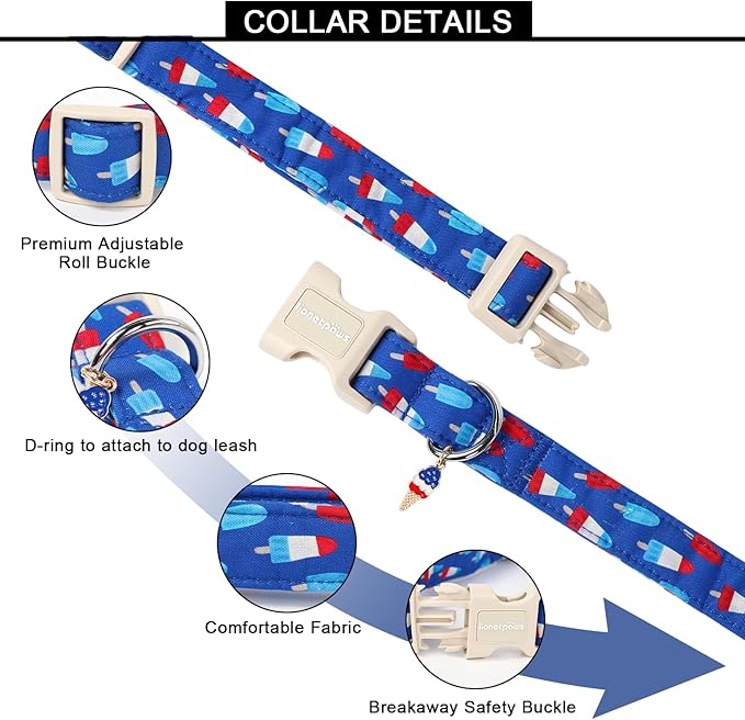 Lionet Paws 4th of July Dog Collar- Cute Blue Red Popsicle Dog Collars with Plastic Buckle and Icecream Pendant,Light Adjustable Dog Collars for Medium Large Dogs