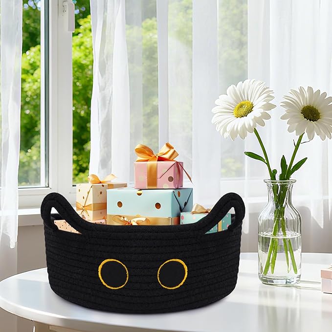 Black Cat Toy Basket for Nursery, Small Cute Cat Oval Woven Cotton Rope Blanket Storage Basket, Baby Shower Blanket Hamper 0rganize Box with Handles,Gifts Empty Storage Cat Bin,12"D x 5"H in