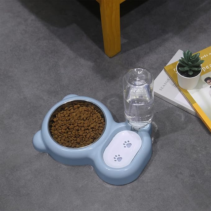 Dog Bowls, Cat Food and Water Bowl Set with Water Dispenser and Stainless Steel Bowl for Cats and Small Dogs - Light Blue