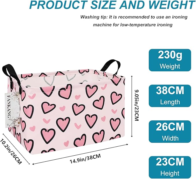 Storage Bins, Nursery Hamper Canvas Laundry Basket Foldable with Waterproof PE Coating Large Storage Baskets for Kids Boys and Girls, Office, Bedroom, Clothes,Toys(Rec-Pink Love ）