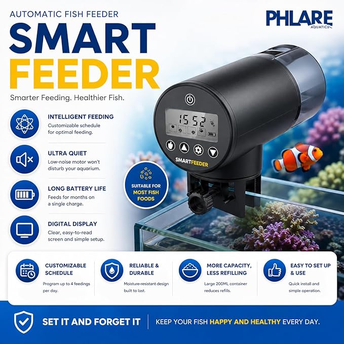 Automatic Fish Feeder for Aquariums - Rechargeable Auto Timer Feeder for Vacation | Fits Flakes & Pellets | 200ml Capacity