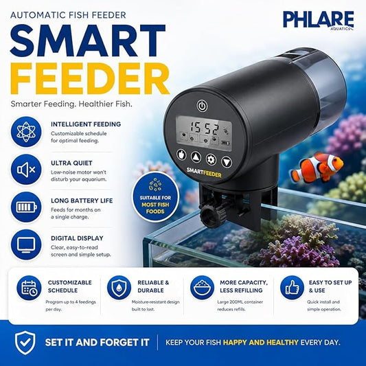 Automatic Fish Feeder for Aquariums - Rechargeable Auto Timer Feeder for Vacation | Fits Flakes & Pellets | 200ml Capacity